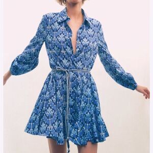 ZARA Blue Floral Print Fit & Flare Mini Dress sz M
